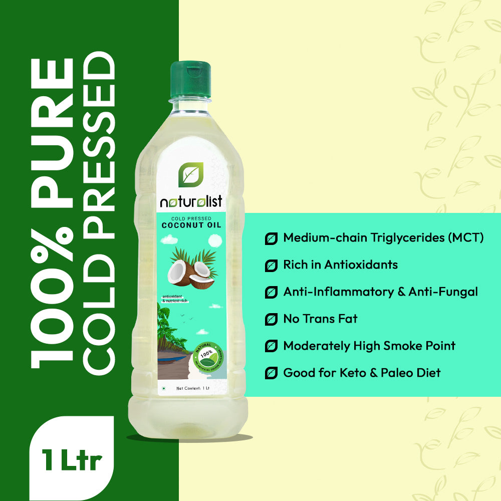 Naturalist Cold Pressed Coconut Oil | Chekku/Ghani/Virgin Oil | Unrefined | 100% Natural | Cooking / Massage / Hair Care Oil - Pack of 5 (1 Litre each)